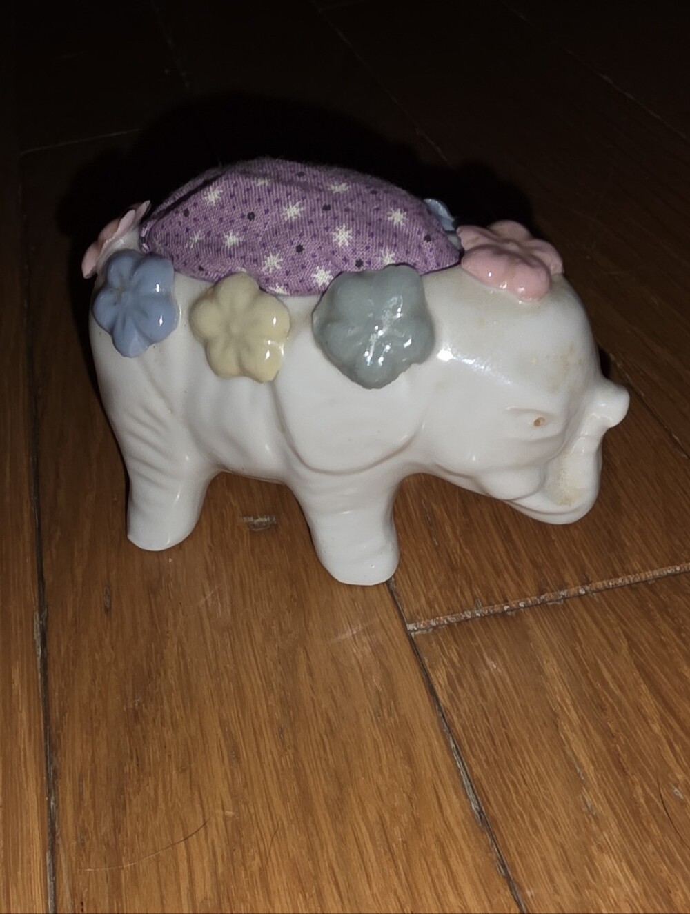 Vintage Ardalt STYLE Pin Cushion Porcelain Elephant w/ Raised Flowers NOMARKINGS